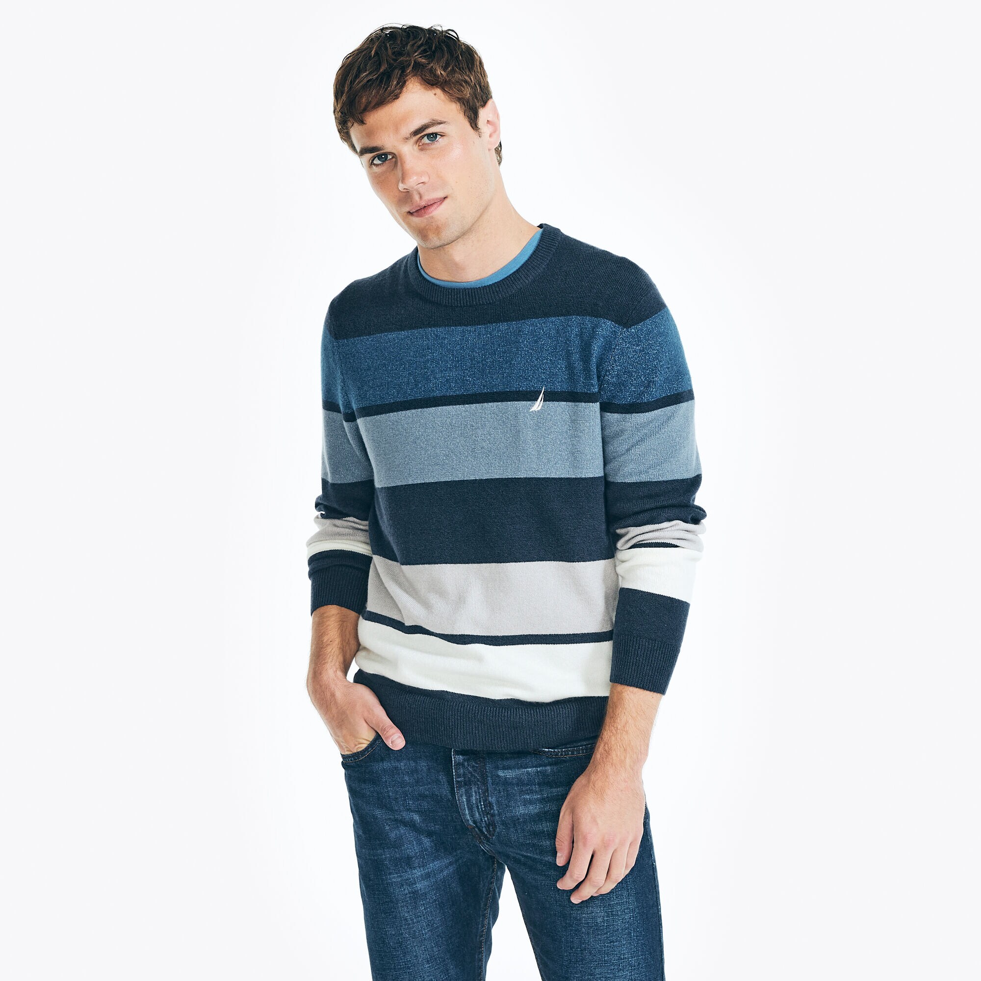 SUSTAINABLY CRAFTED STRIPED SWEATER,Navy,large