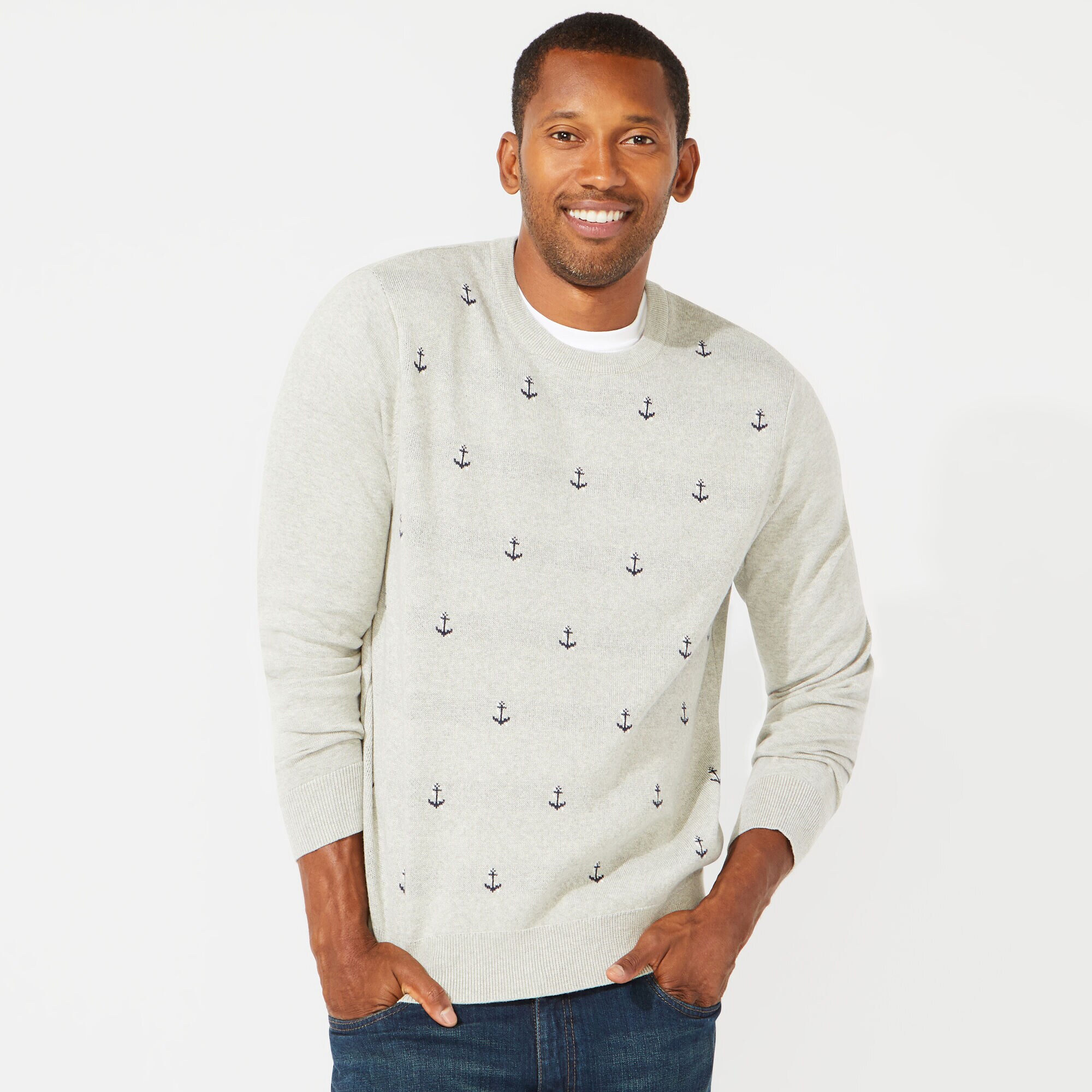 ANCHOR PRINT JACQUARD CREWNECK SWEATER,Grey Heather,large