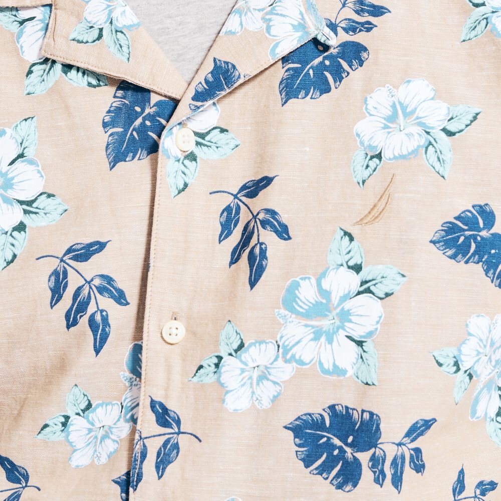 FLORAL PRINT LINEN SHORT-SLEEVE SHIRT,Tuscany Tan,large