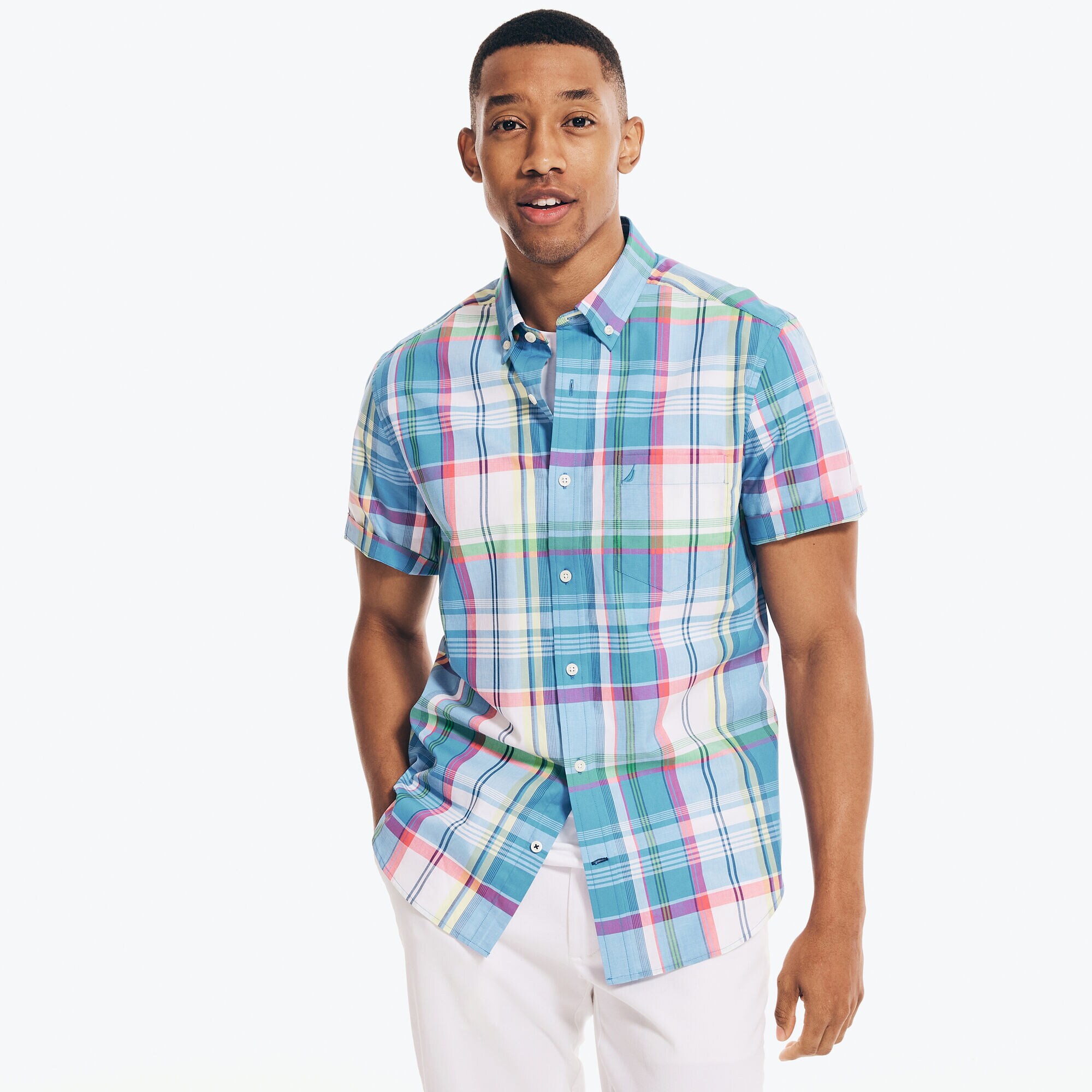 PLAID SHORT-SLEEVE SHIRT,Clear Sky Blue,large