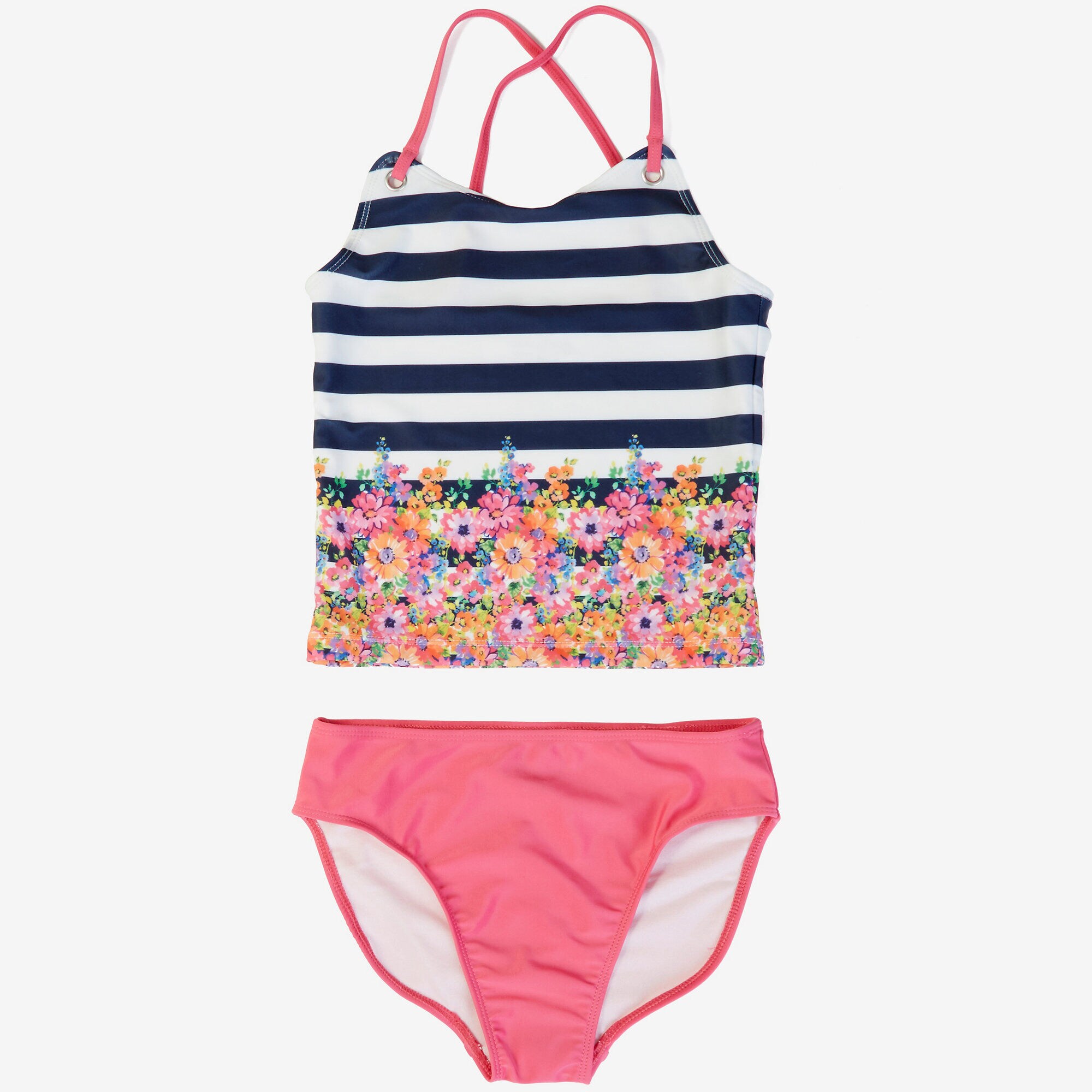  Girls' Striped Floral Tankini Swimsuit (8-16),Plum Classico,large