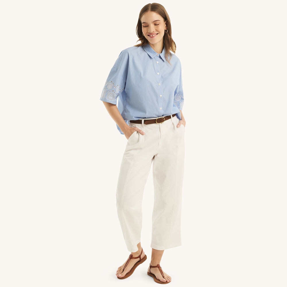 Embroidered Boxy Short-Sleeve Top,Tropic Wave,large