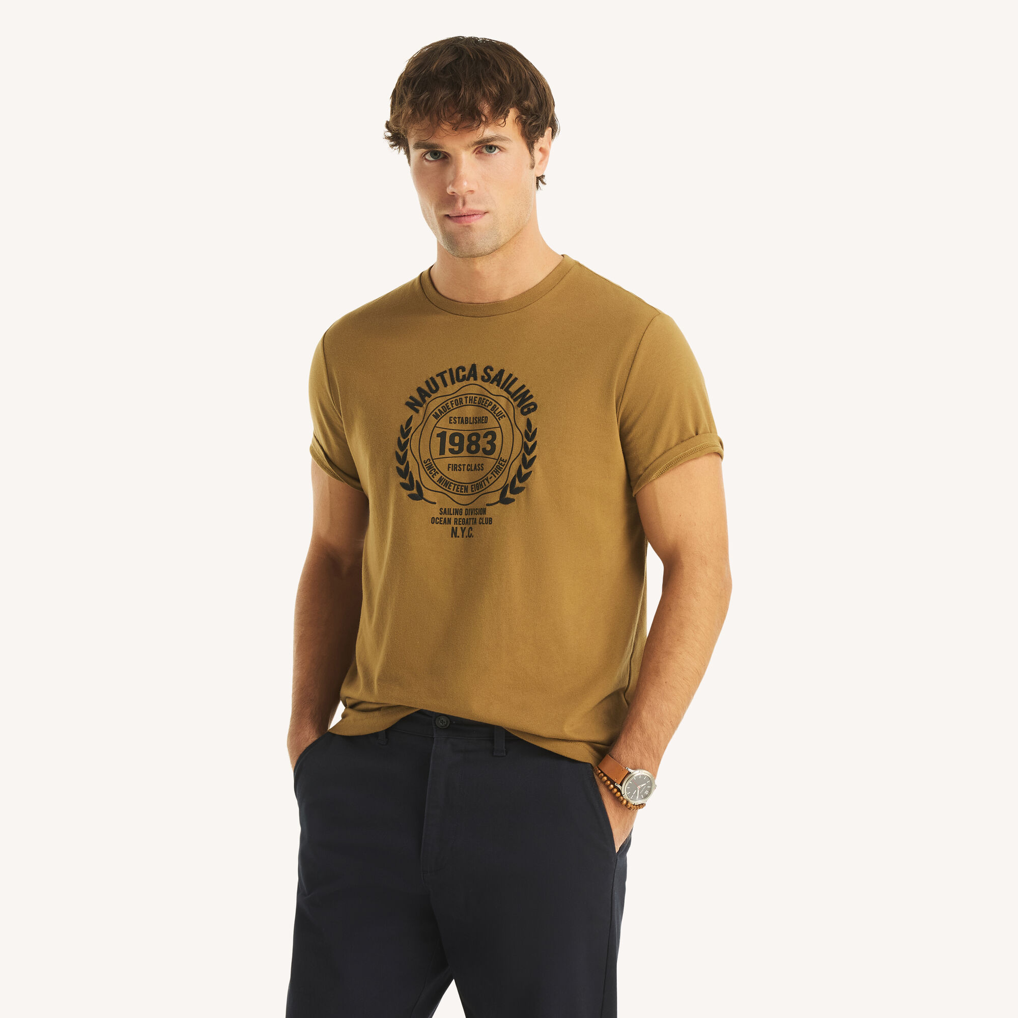 Embroidered First Class Logo Graphic T-Shirt,ALL SPICE,large