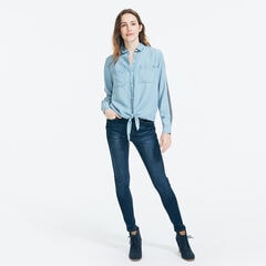 NAUTICA JEANS CO. STRIPE TRIM TIE-FRONT DENIM SHIRT,Aqua Splash,large