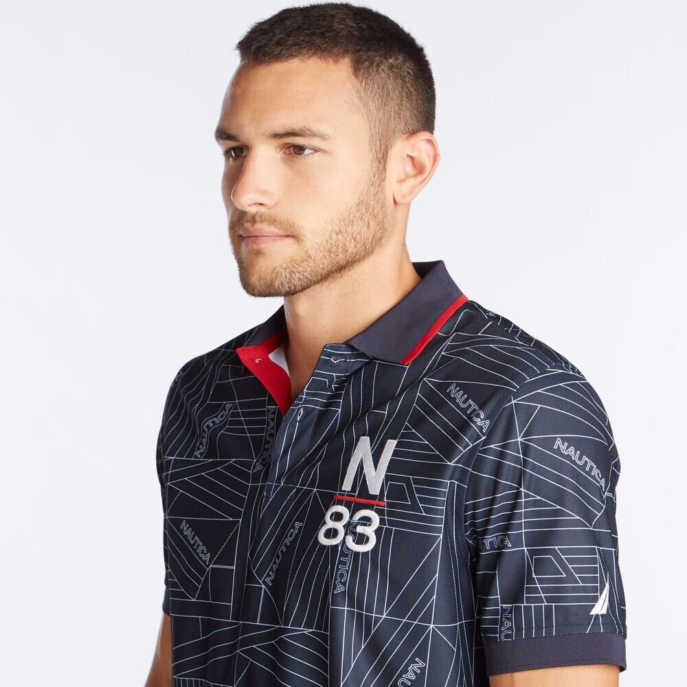 CLASSIC FIT PRINTED N-83 PERFORMANCE POLO,Navy,large