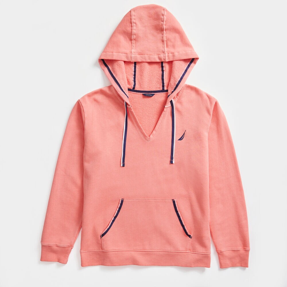 V-NECK PULLOVER HOODIE,Pale Coral,large