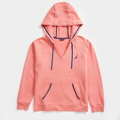 V-NECK PULLOVER HOODIE,Pale Coral,large