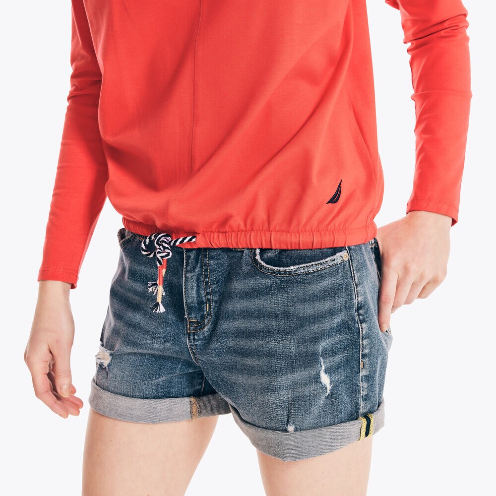 SUSTAINABLY CRAFTED LONG-SLEEVE DRAWSTRING TOP,Tomato,large