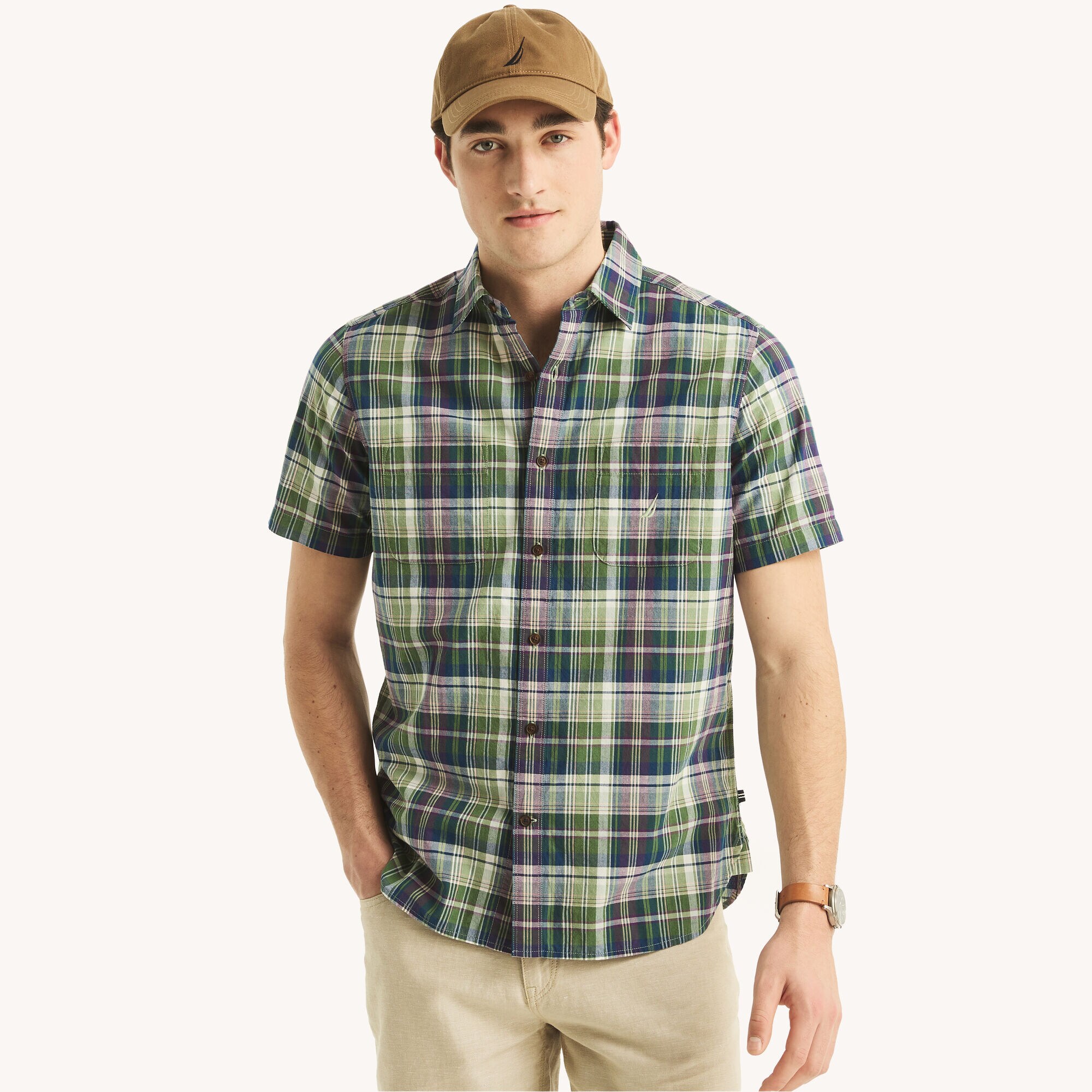 Madras Plaid Short-Sleeve Shirt,Teal Wave,large