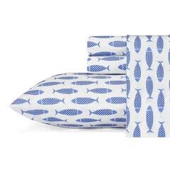 Woodblock Fish Blue Twin XL Sheet Set,Azure Blue,large