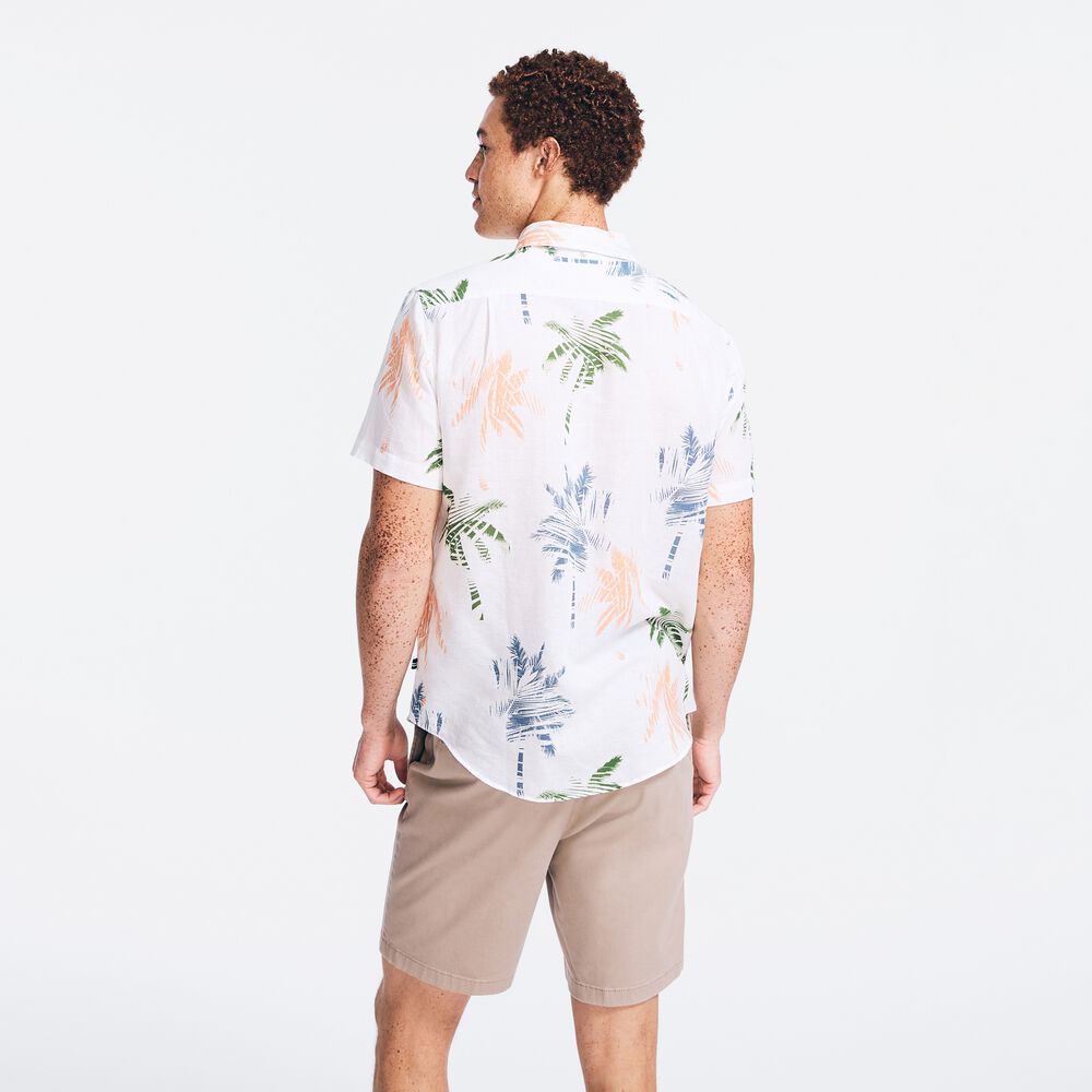 PALM TREE PRINT LINEN SHORT-SLEEVE SHIRT,Snow White,large