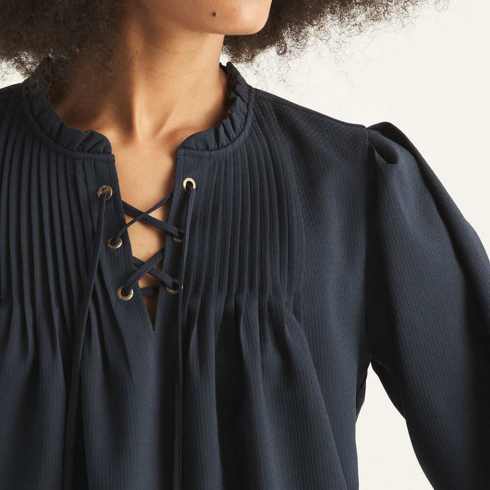 Lace-Up Pintuck Top,Navy,large