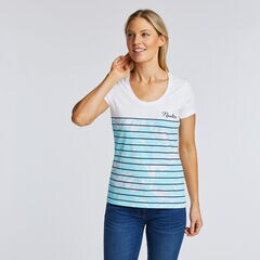 Striped + Palm Leaf Scoop-Neck T-Shirt,Bright White,large