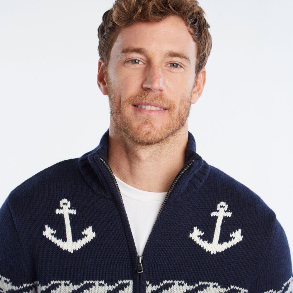 SAIL JACQUARD FULL-ZIP SWEATER,Navy,large