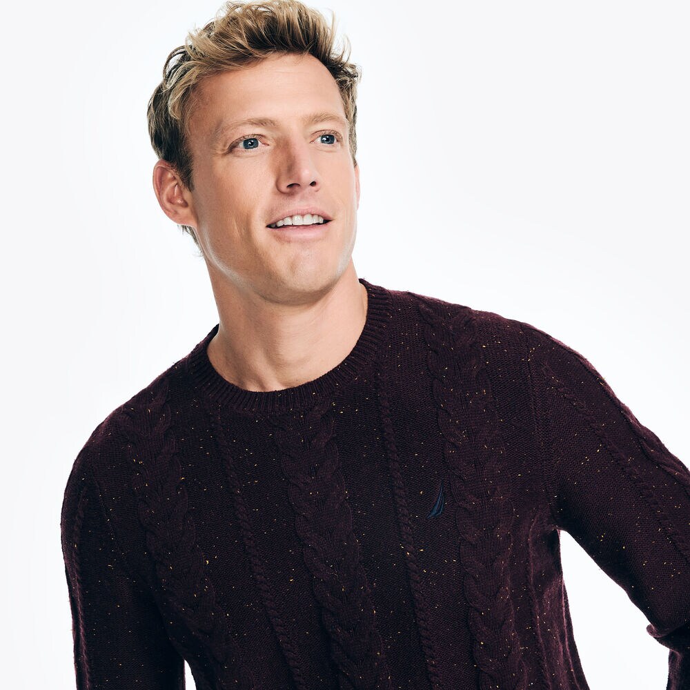 Sustainably Crafted Cable-Knit Crewneck Sweater,Rio Red,large