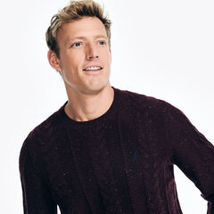 Sustainably Crafted Cable-Knit Crewneck Sweater,Rio Red,large