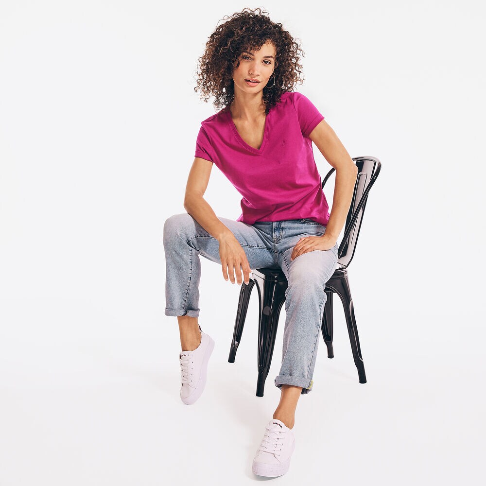 Solid V-Neck T-Shirt,Fancytail Fuschia,large