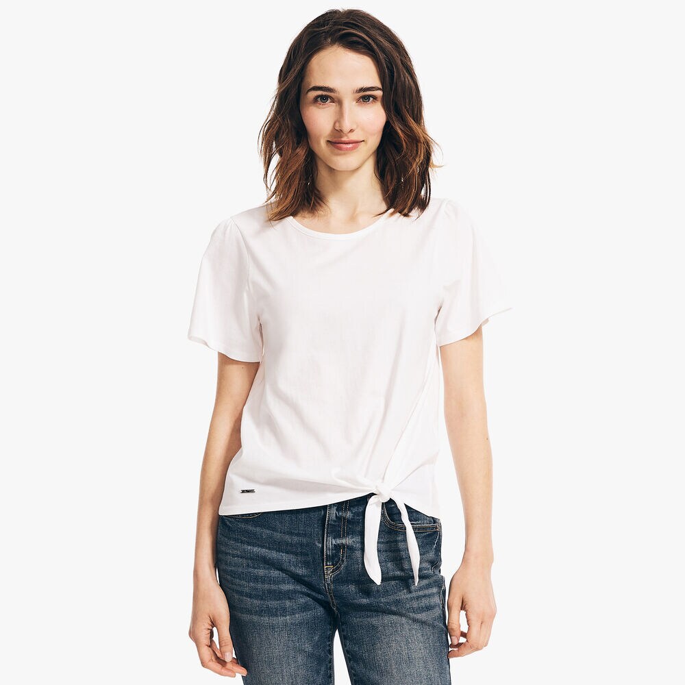 TIE-WAIST PUFF-SLEEVE TOP,Bright White,large