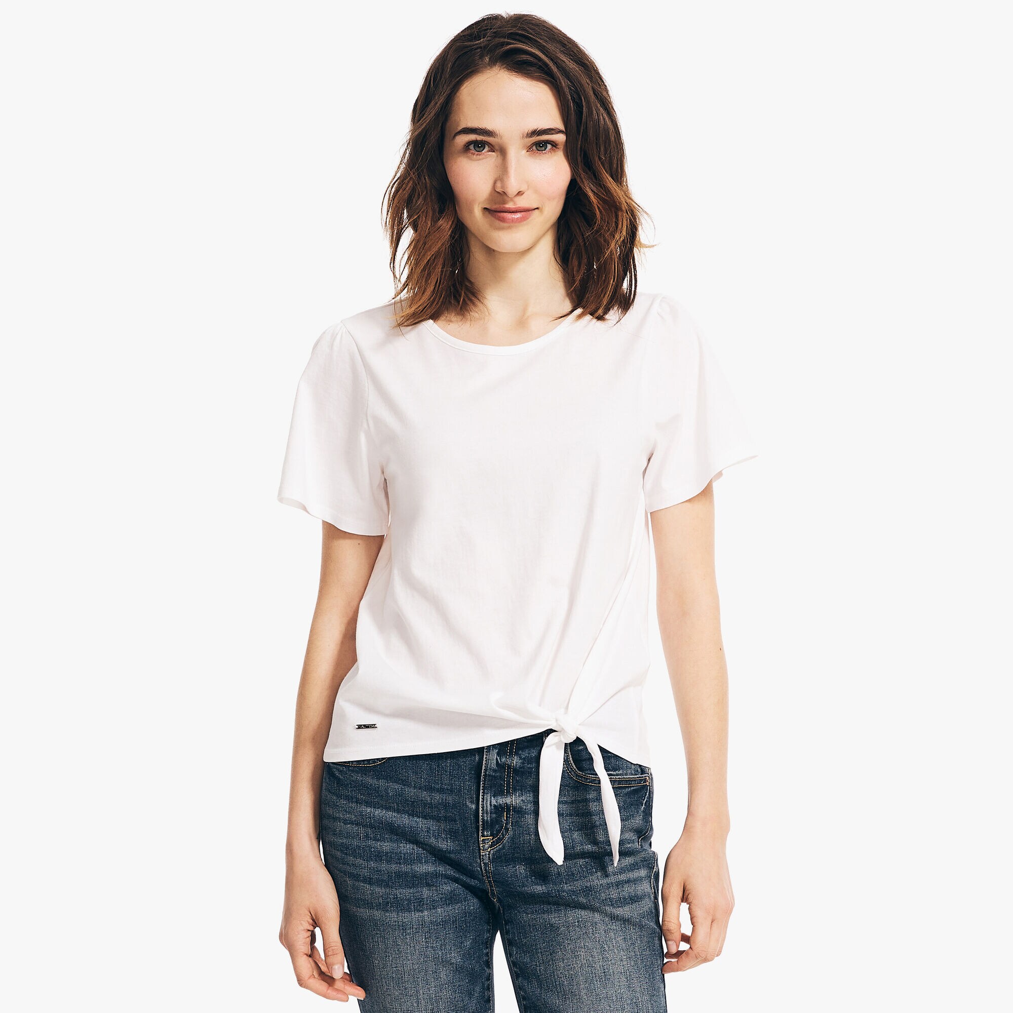 TIE-WAIST PUFF-SLEEVE TOP,Bright White,large