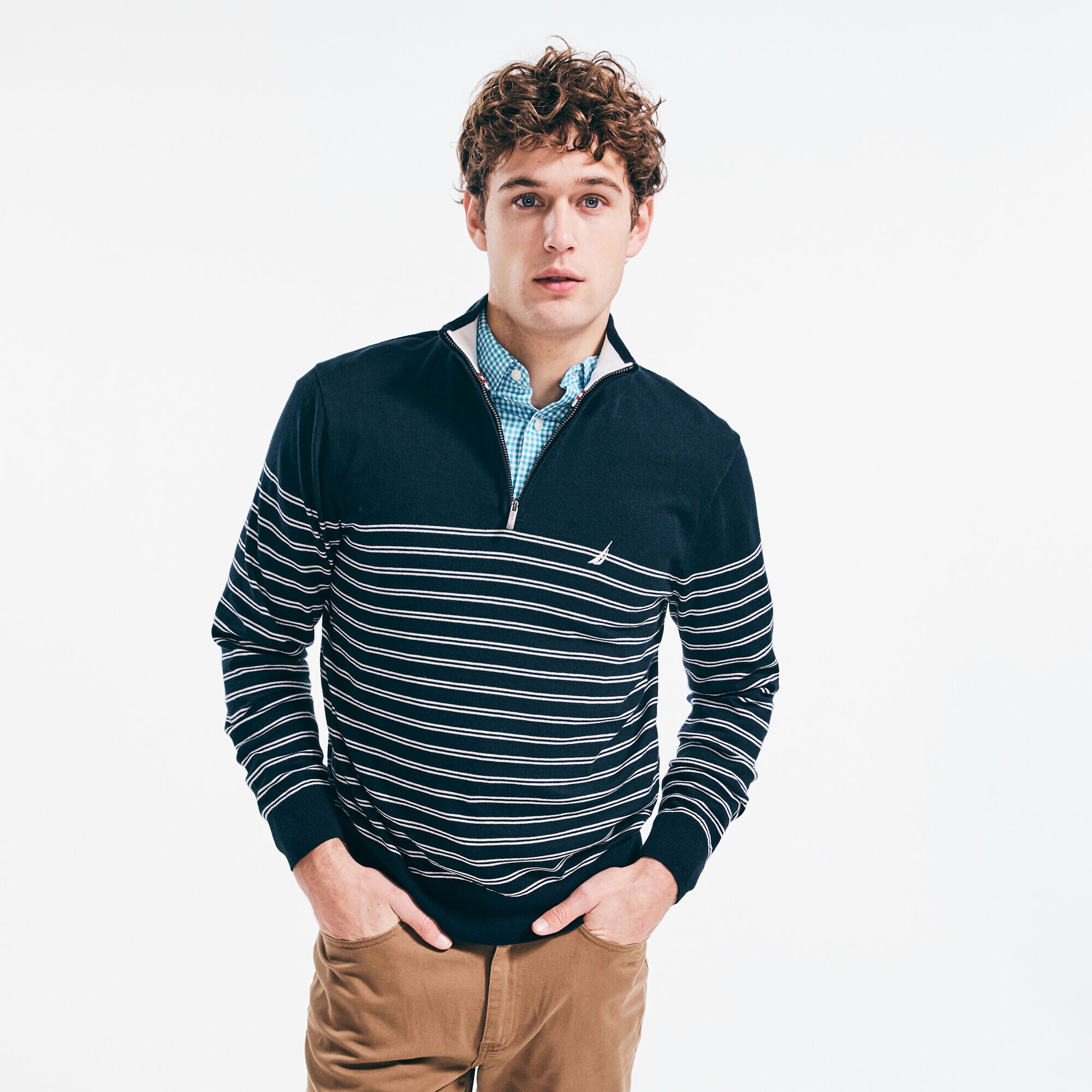 STRIPED QUARTER-ZIP SWEATER,Navy,large