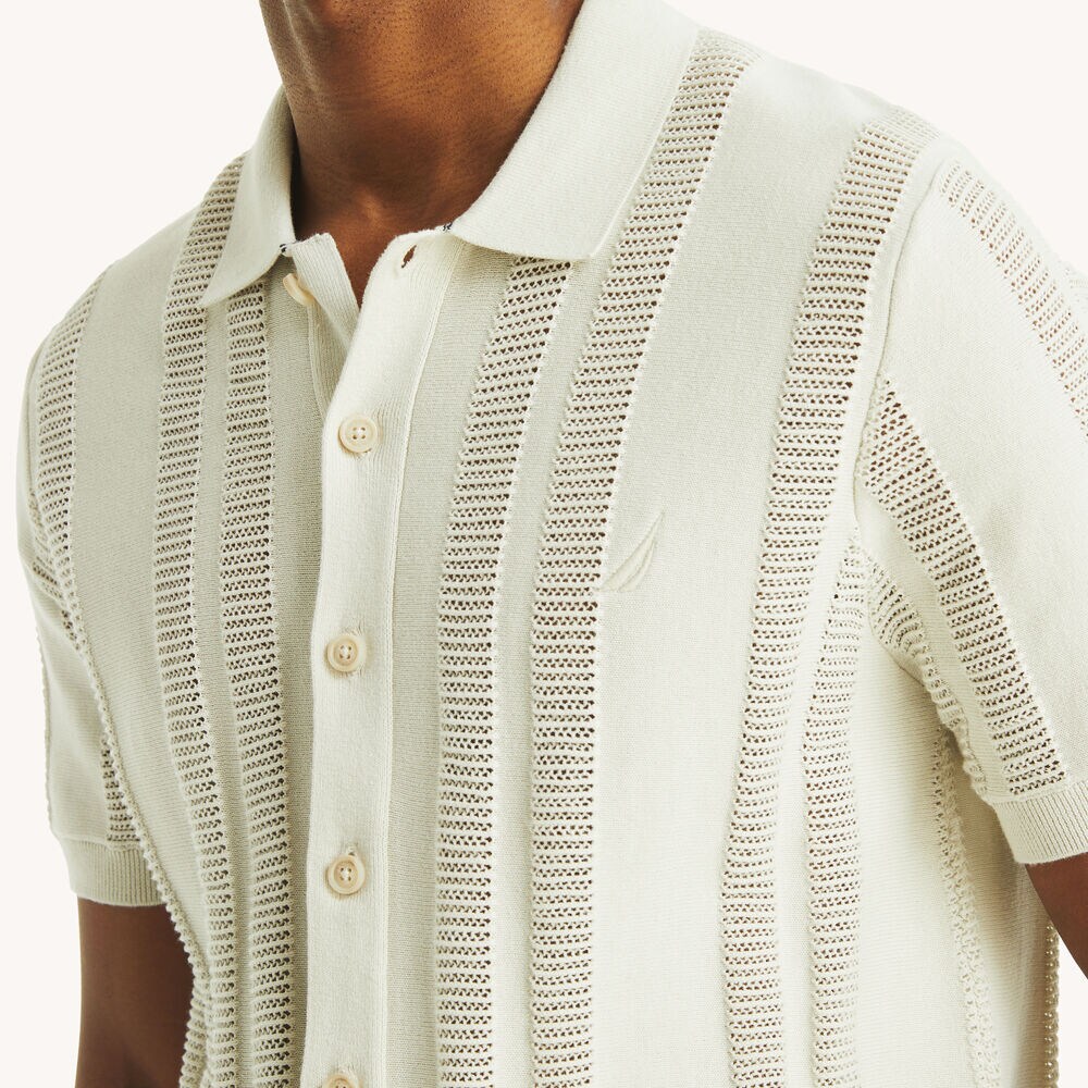 Textured Striped Button-Up Sweater Polo,Nautica Stone,large