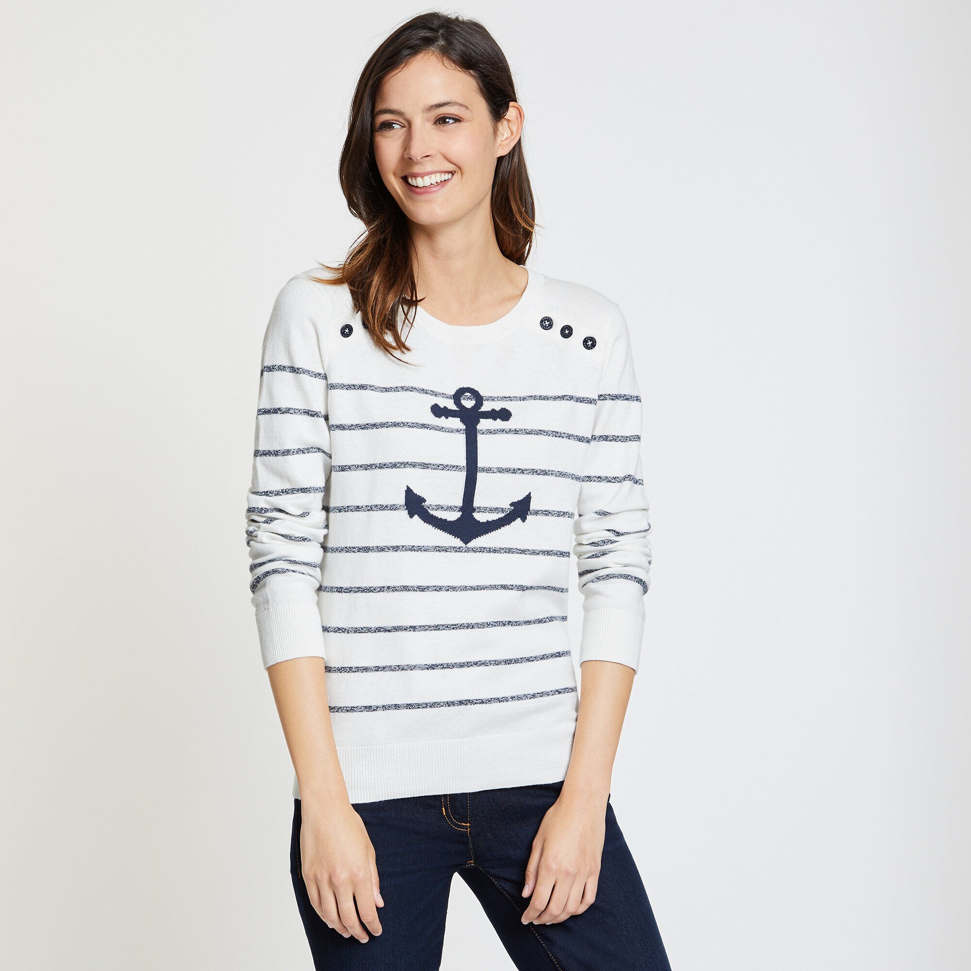 Striped + Anchor Crewneck Sweater,Marshmallow,large