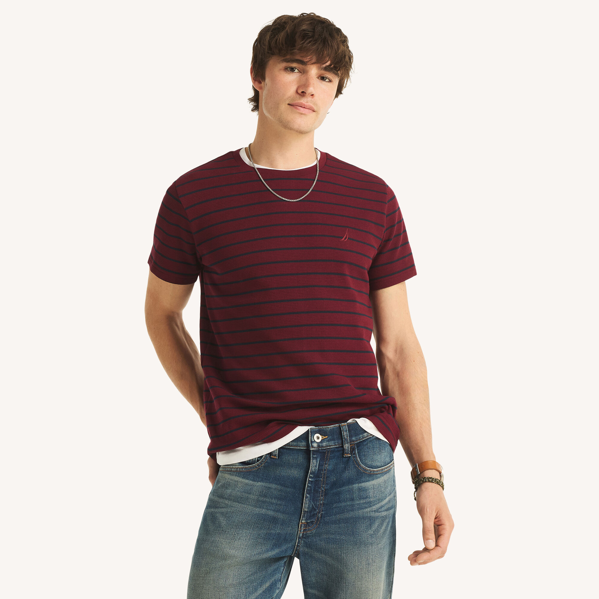 Navigator Waffle Knit Striped Crewneck T-Shirt,Zinfandel,large
