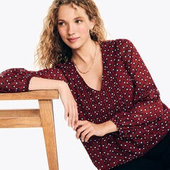 Printed Pintuck Top,Classic Red,large