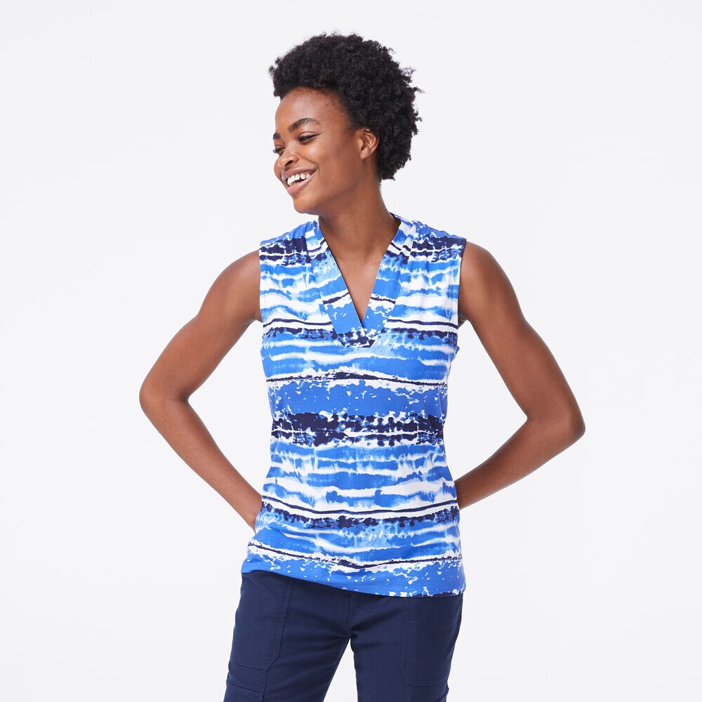 PRINT SLEEVELESS KNIT TOP,Reef Blue,large