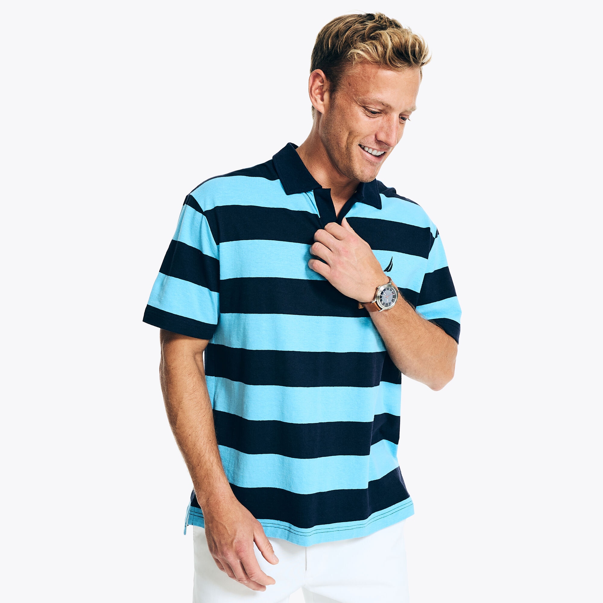 CLASSIC FIT STRIPED POLO,Navy,large