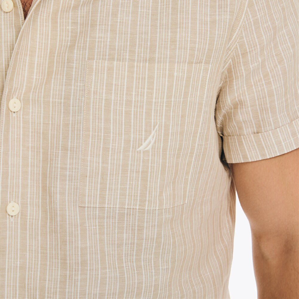 Striped Linen Short-Sleeve Shirt,Dark Brown,large