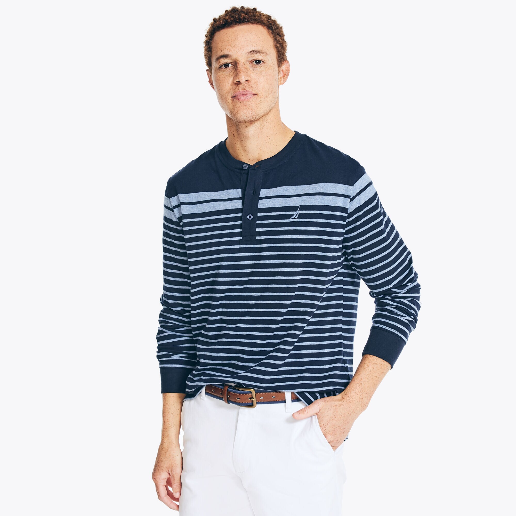 STRIPED LONG-SLEEVE HENLEY,Navy,large