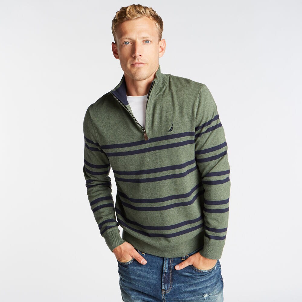QUARTER ZIP BRETON STRIPED SWEATER,Pine Forest Heather,large