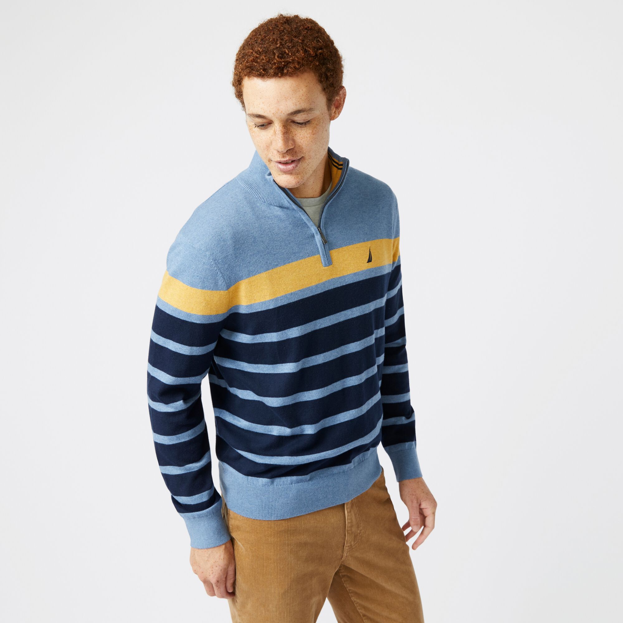 NAVTECH COLORBLOCK-STRIPED QUARTER-ZIP SWEATER,Anchor Blue Heather,large