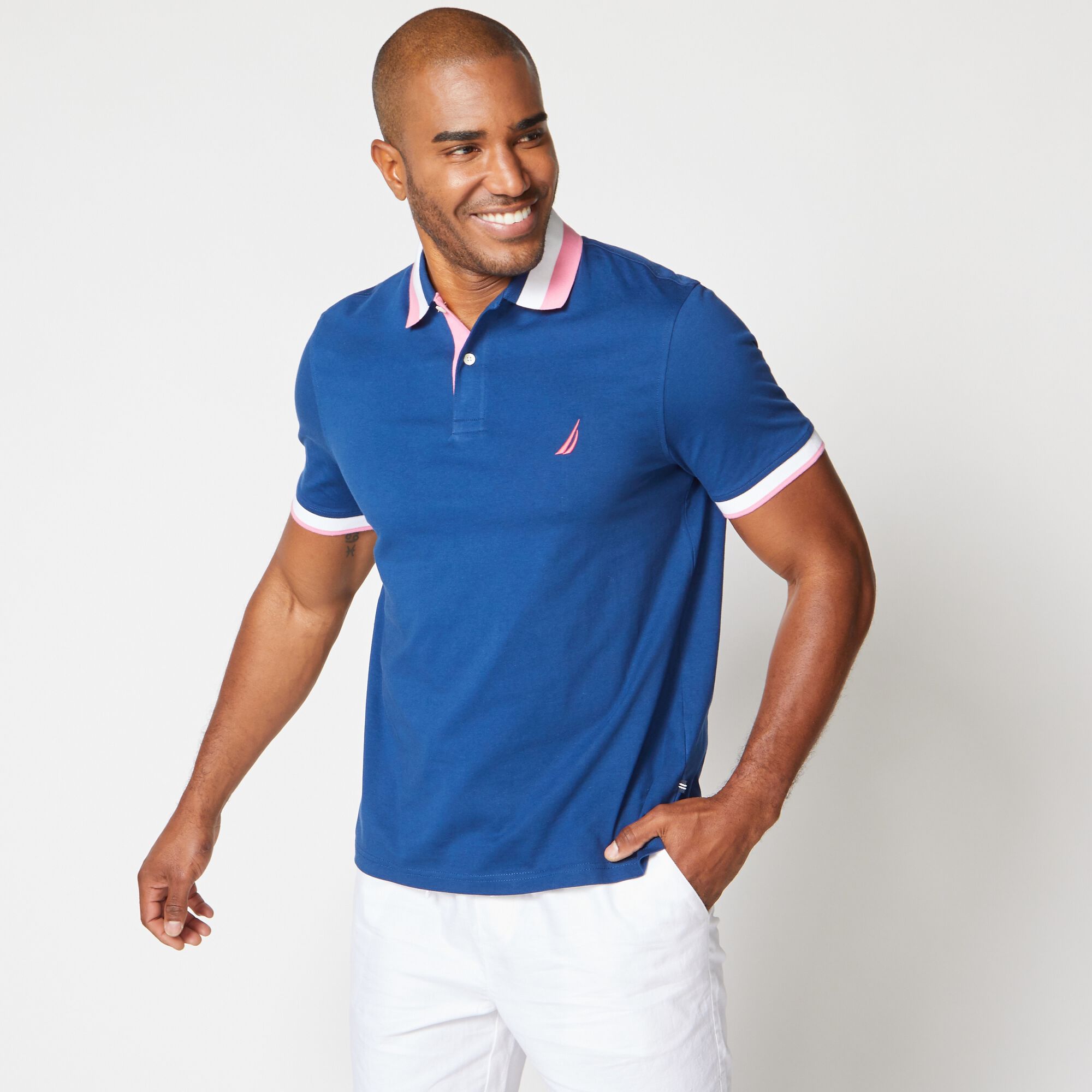 BIG & TALL STRIPED COLLAR POLO,Estate Blue,large