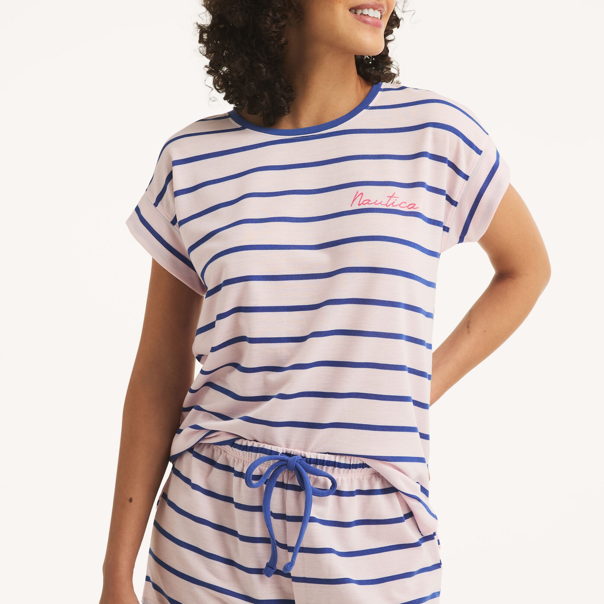 Striped Boxer Pajama Set,New Pink,large