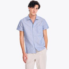 Striped Linen Short-Sleeve Shirt,Clear Sky Blue,large