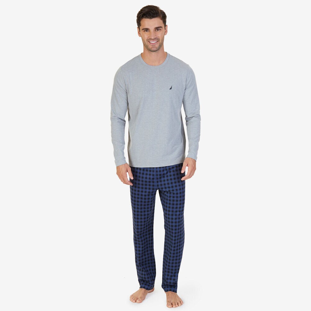 Buffalo Plaid Knit Pajama Set,Grey Heather,large