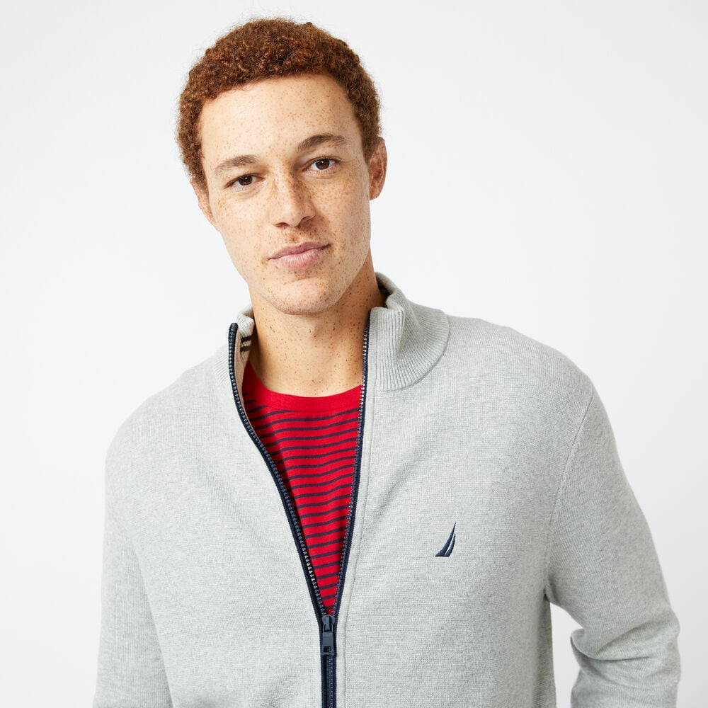 STRIPE-SLEEVE FULL-ZIP SWEATER,Grey Heather,large