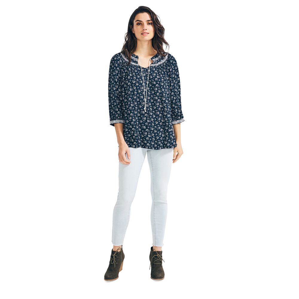 FLORAL EMBROIDERED THREE-QUARTER SLEEVE TOP,Stellar Blue Heather,large