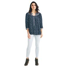 FLORAL EMBROIDERED THREE-QUARTER SLEEVE TOP,Stellar Blue Heather,large