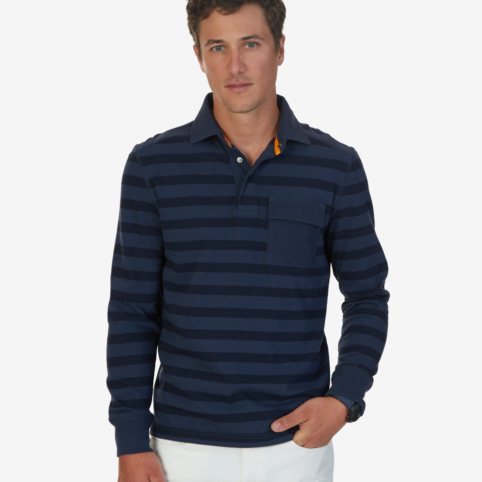 Big & Tall Striped Long Sleeve Polo Shirt,Distressed Blue Wash,large