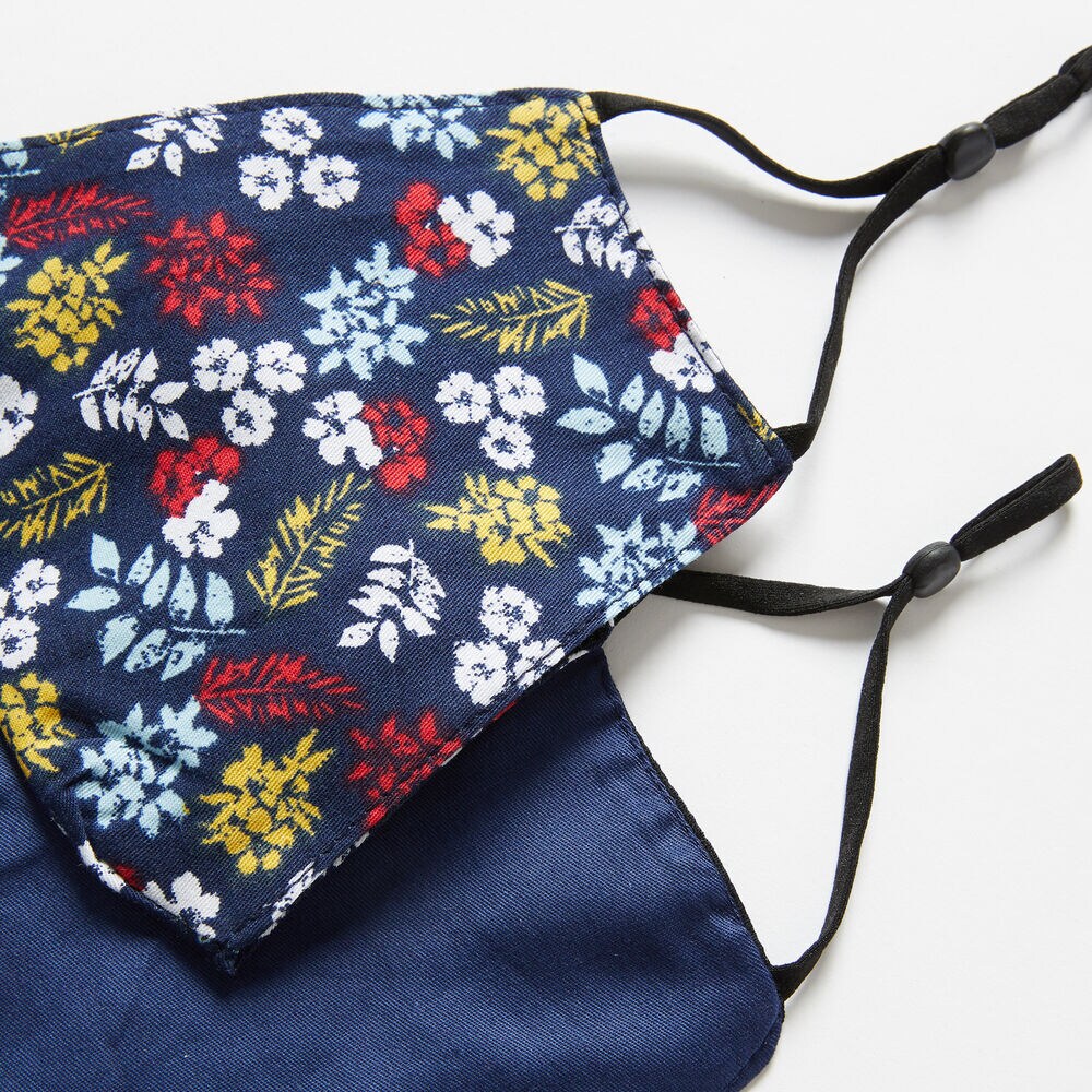 FLORAL PRINT AND SOLID REUSABLE FACE MASK, 2 PACK,Navy,large