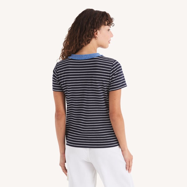Striped Denim-Trimmed Henley