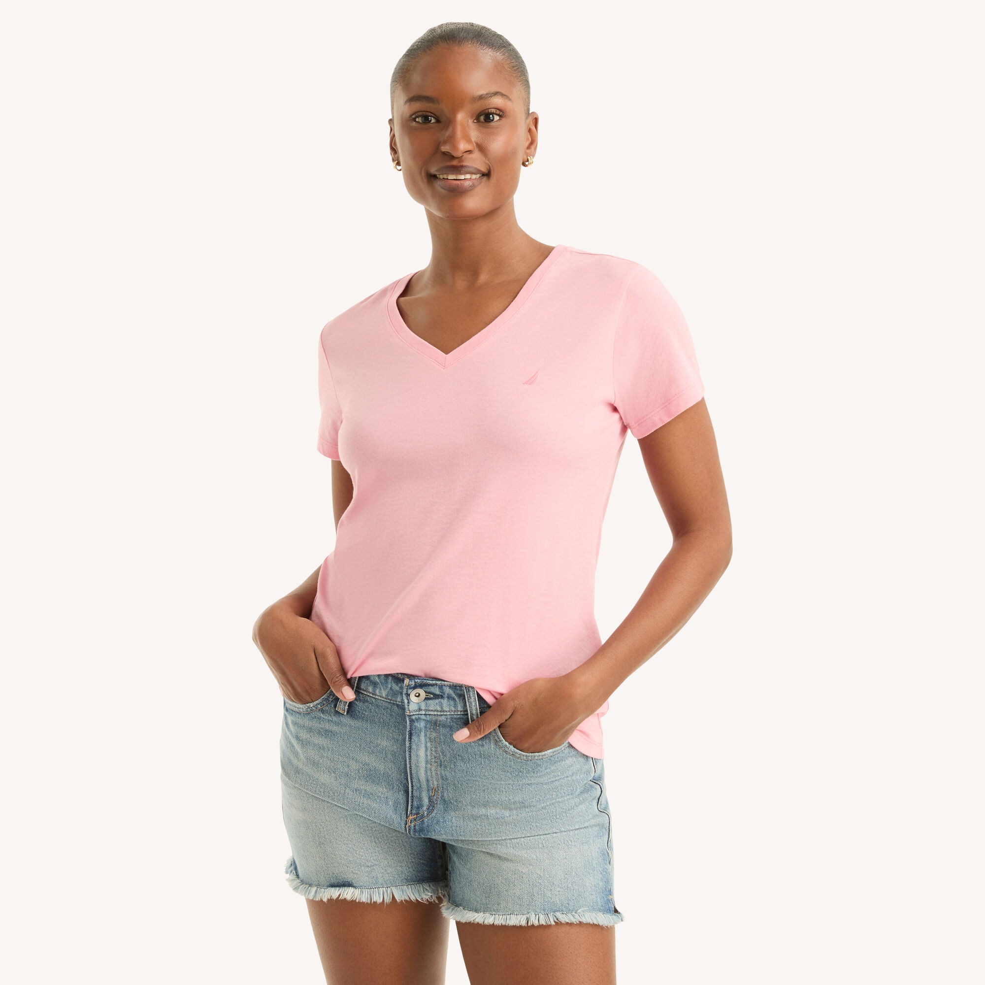 V-Neck Deck T-Shirt,Camellia Rose,large
