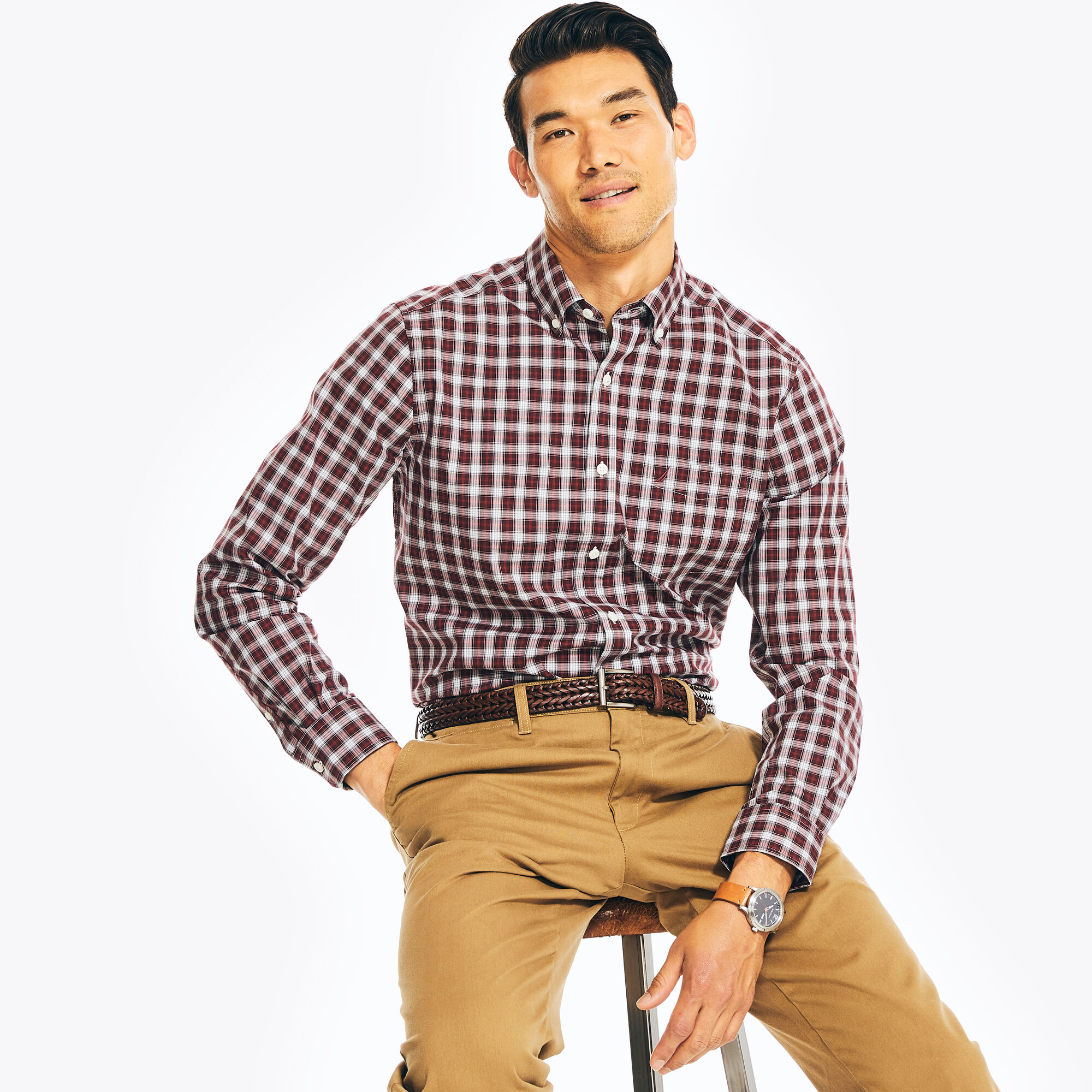 Classic Fit Wrinkle-Resistant Plaid Shirt,Rio Red,large