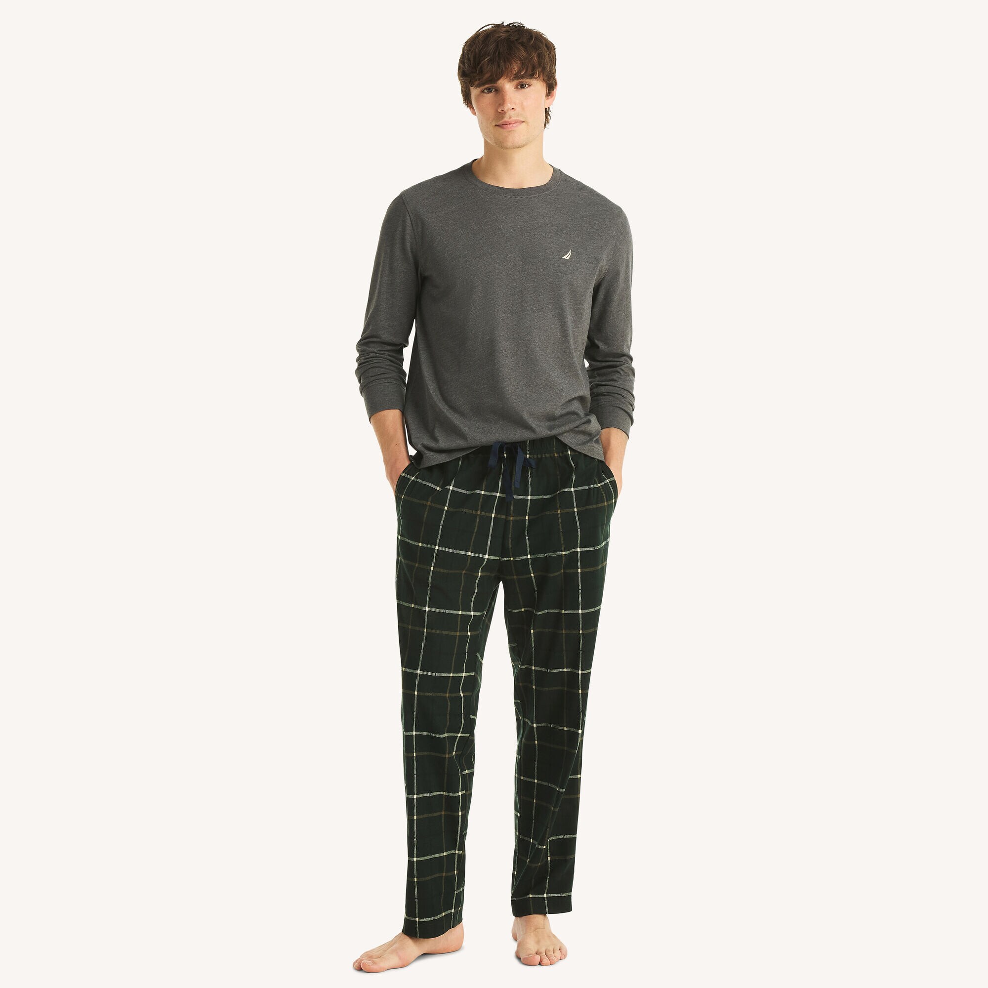 Long Sleeve T-Shirt & Plaid Fleece Pant Pajama Set,Charcoal Heather,large