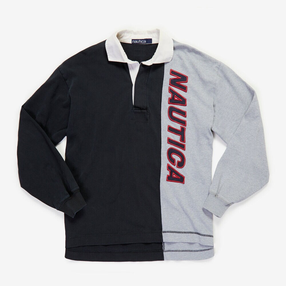 Vintage Nautica Long Sleeve Rugby Polo Shirt,Grey Heather,large