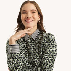Linen Printed Tunic Top,Light Olive,large