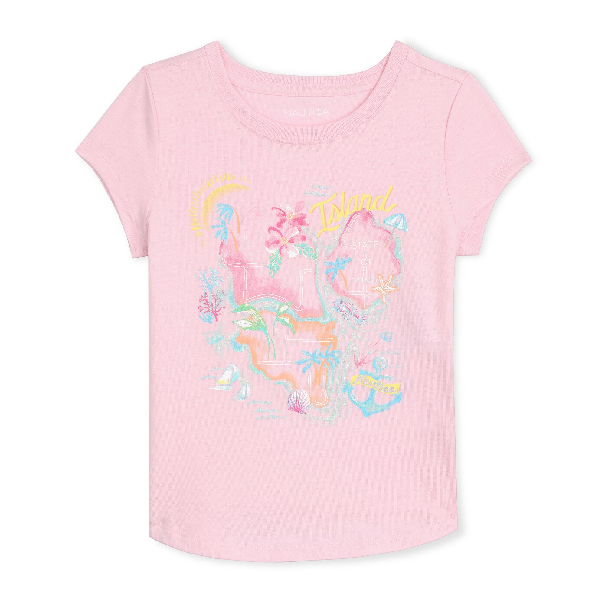 GIRLS' JERSEY T-SHIRT IN ISLAND HOPPING GRAPHIC,Light Pink,large